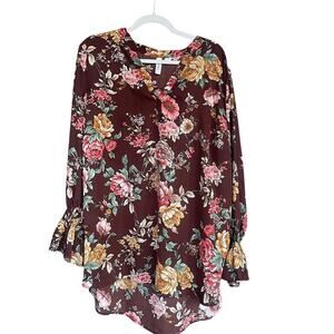 Tacera Blouse Womens 2XL Brown Floral Long Sleeve Tunic Top Ruffle Cuffs Boho